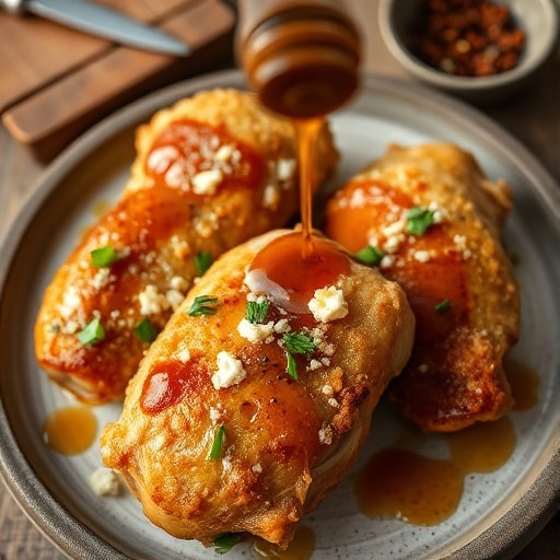 Crispy feta-crusted chicken thighs with hot honey drizzle, garnished with fresh herbs on a rustic plate.