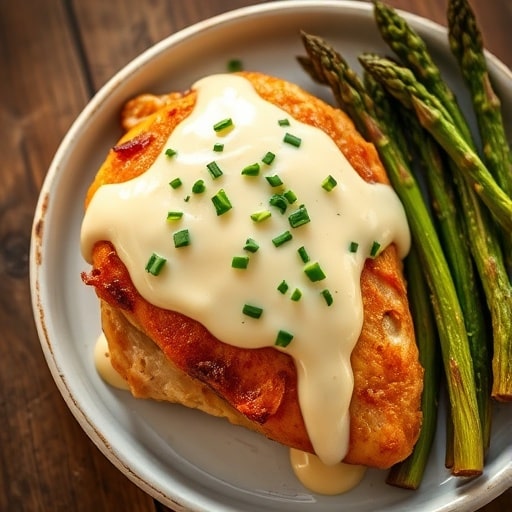 Easy Baked Cream Cheese Chicken: Your New Favorite Weeknight Dinner Recipe! 1 Baked chicken breast with creamy melted cream cheese sauce and chives, served with roasted asparagus on a white plate.