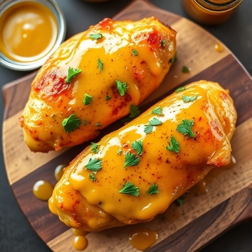 Golden baked chicken breasts with honey mustard glaze and parsley.