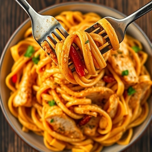 A bowl of creamy Cajun chicken pasta with seared chicken, bell peppers, and parsley garnish.