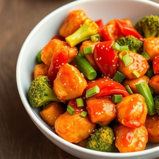 Easy & Healthy Sweet Chili Chicken Stir-Fry Recipe for a Quick Weeknight Dinner 1 Sweet chili chicken stir-fry with broccoli, bell peppers, and green onions in a white bowl on a wooden table.