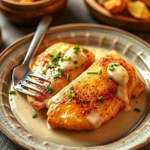 Close-up of golden brown, creamy 'Melt in Your Mouth Chicken' topped with parsley on a rustic plate.