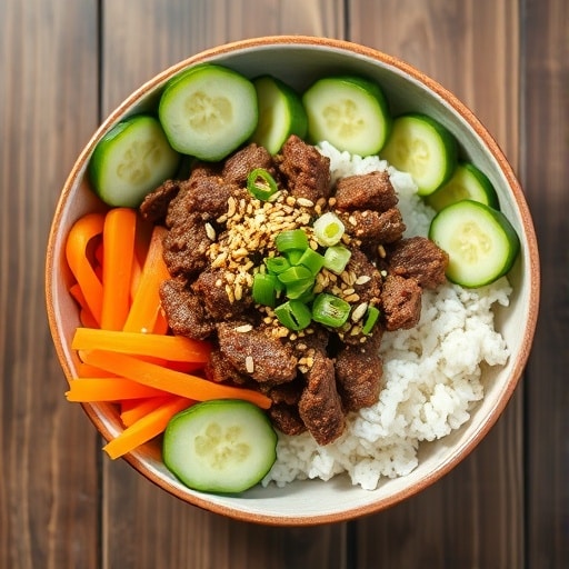 Close-up of a Korean ground beef bowl with rice, ground beef, pickled carrots, cucumber, sesame seeds, and green onions.