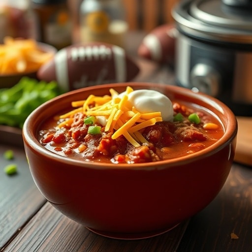 Easy Slow Cooker Game Day Chili: Perfect for Feeding a Crowd on Game Day! 1 A close-up shot of a steaming bowl of game day slow cooker chili, topped with shredded cheese, sour cream, and green onions.