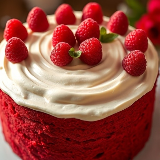 Elegant Red Velvet Galentine’s Cake with Cream Cheese Frosting and Berry Garnish