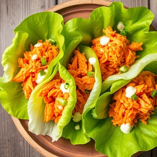 Healthy buffalo chicken lettuce wraps with fresh chives and a drizzle of dressing on a wooden platter.