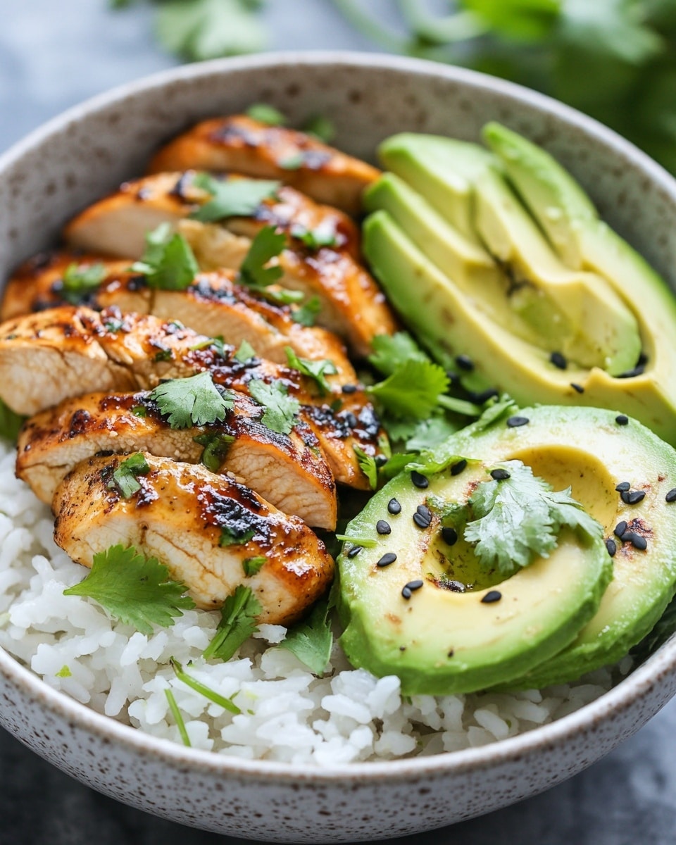 Zesty Cilantro Lime Chicken with Avocado and Jasmine Rice Bowl
