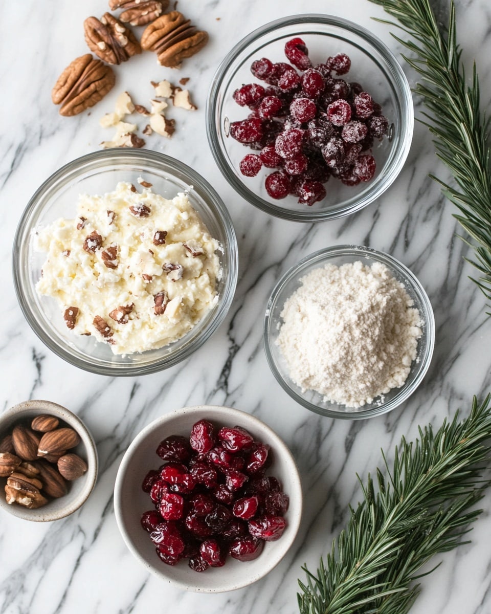 A beautifully garnished Christmas Cranberry Walnut Cheese Ball Appetizer, surrounded by crackers and festive decor.