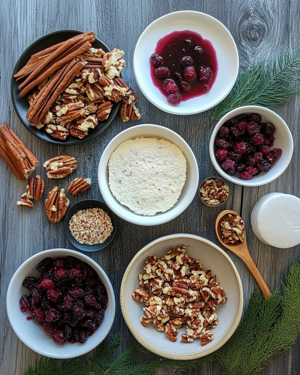 A beautifully presented cranberry pecan cheese ball, garnished with fresh herbs and served on a rustic wooden board with an assortment of crackers.