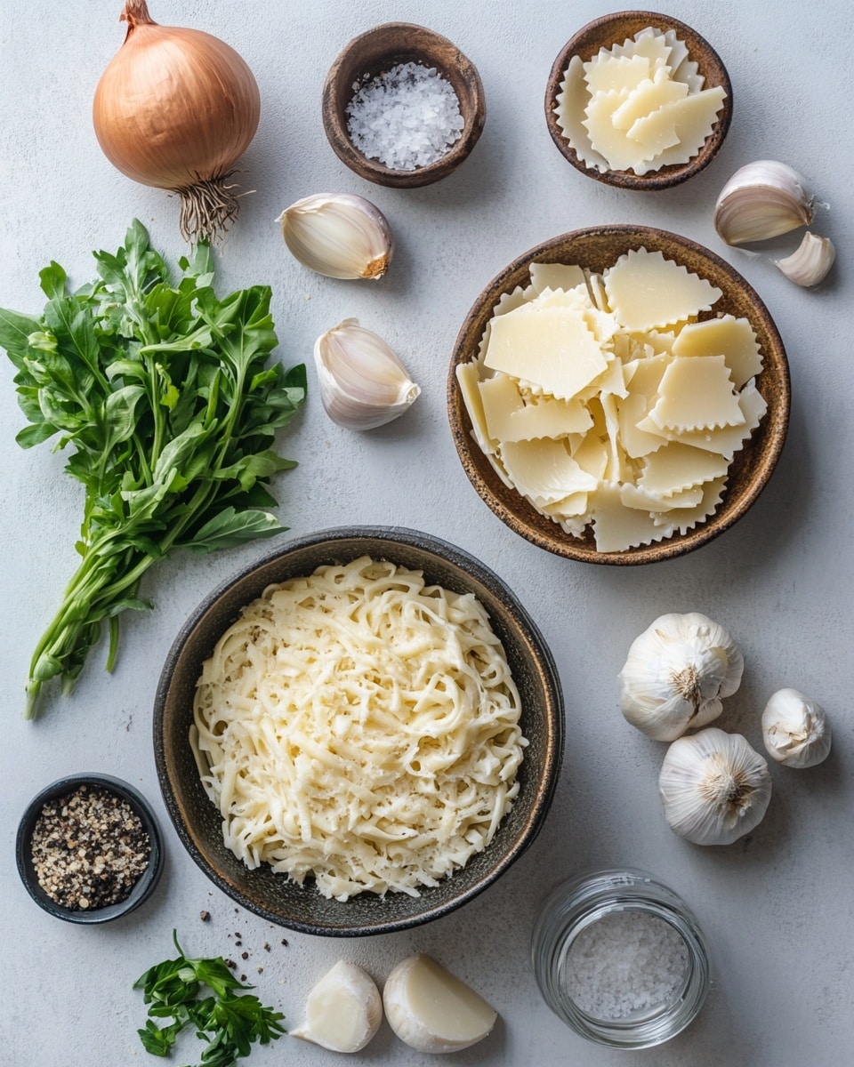 Ingrediant Of French Onion Soup Pasta with Melted Gruyere
