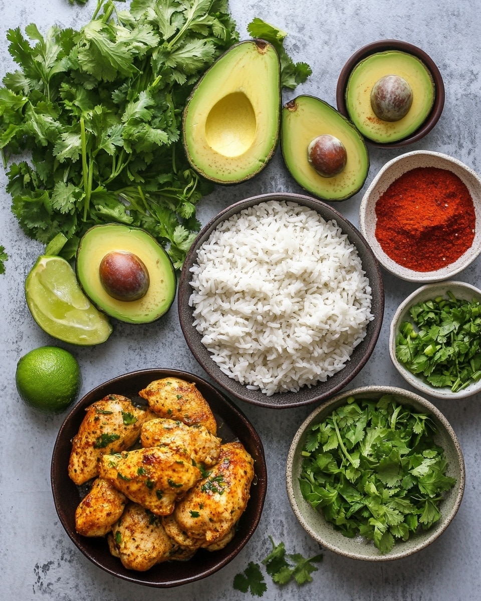 Ingrediant Of Zesty Cilantro Lime Chicken with Avocado and Jasmine Rice Bowl
