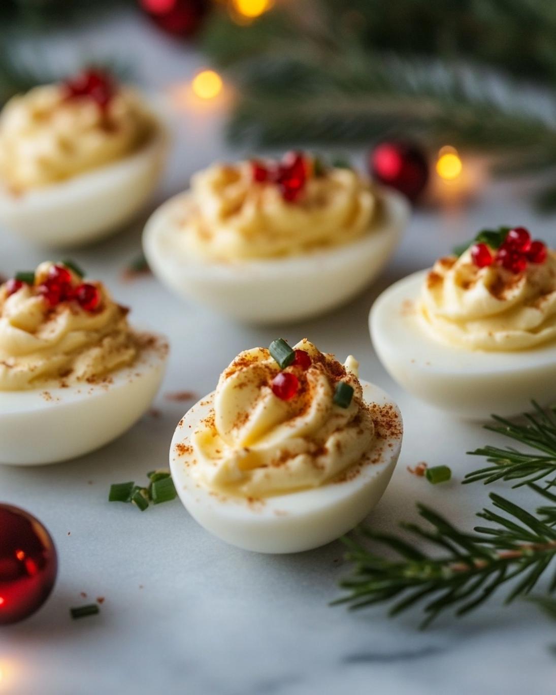A beautifully arranged platter of Festive Christmas Deviled Eggs, garnished artfully with fresh dill, diced red pimentos, and delicate rosemary sprigs, ready to be served.