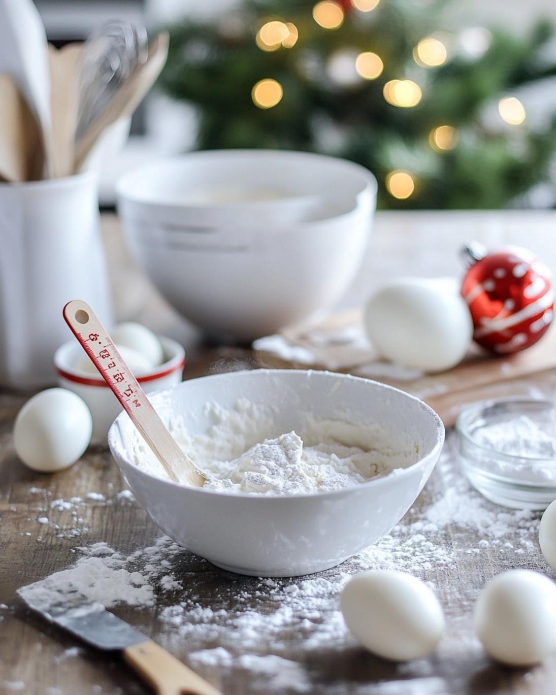 A visually stunning close-up of all the fresh ingredients artfully arranged for the Festive Christmas Deviled Eggs Recipe, including hard-boiled eggs, mayonnaise, Dijon mustard, apple cider vinegar, fresh dill, pimentos, and paprika, all on a rustic wooden board.